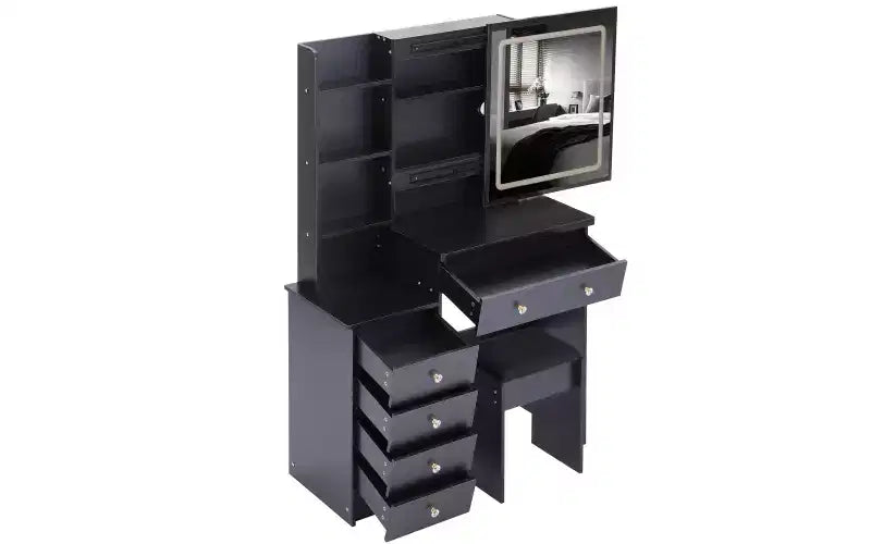 37-Inch Luxury Makeup Vanity Desk with Sliding LED Mirror, Cabinet Storage, Built-In Power Hub, Hair Dryer Stand, and Side Cabinet for Bedroom