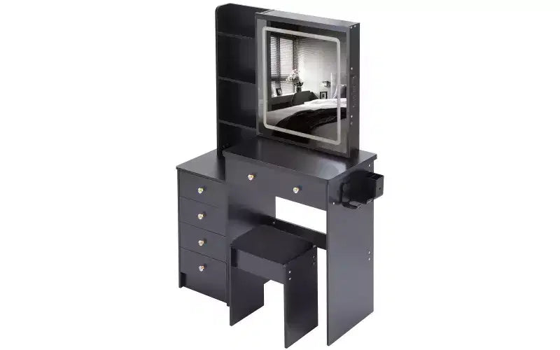 37-Inch Luxury Makeup Vanity Desk with Sliding LED Mirror, Cabinet Storage, Built-In Power Hub, Hair Dryer Stand, and Side Cabinet for Bedroom