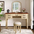 46-Inch Vintage Makeup Vanity Desk with Mirror, 5 Drawers, Matching Stool for Bedroom, Walnut Finish, Space-Saving Design