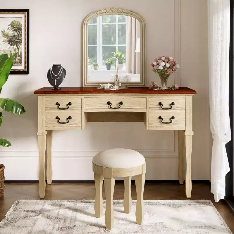 46-Inch Vintage Makeup Vanity Desk with Mirror, 5 Drawers, Matching Stool for Bedroom, Walnut Finish, Space-Saving Design