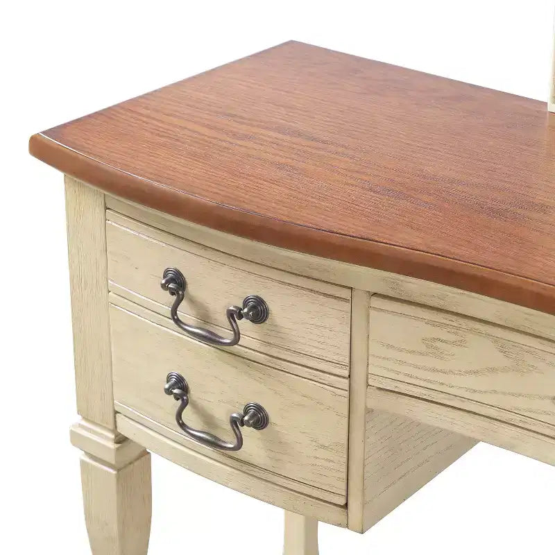 Vintage make-upkaptafel van 46 inch met spiegel, 5 laden en bijpassende kruk voor de slaapkamer, walnootafwerking, ruimtebesparend ontwerp