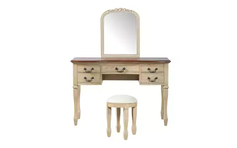 Vintage make-upkaptafel van 46 inch met spiegel, 5 laden en bijpassende kruk voor de slaapkamer, walnootafwerking, ruimtebesparend ontwerp