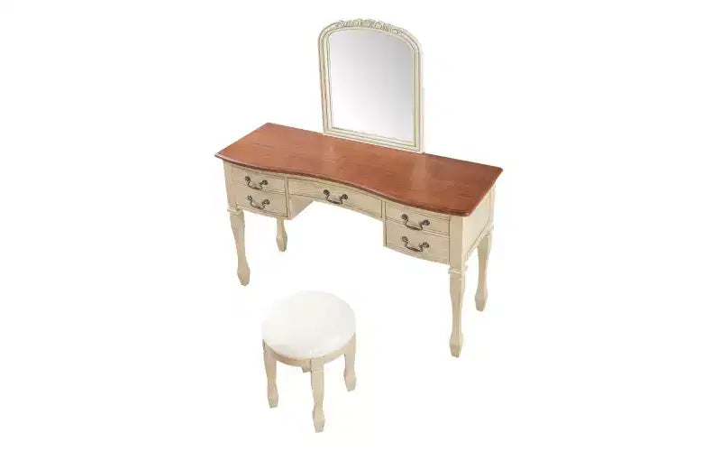 Vintage make-upkaptafel van 46 inch met spiegel, 5 laden en bijpassende kruk voor de slaapkamer, walnootafwerking, ruimtebesparend ontwerp