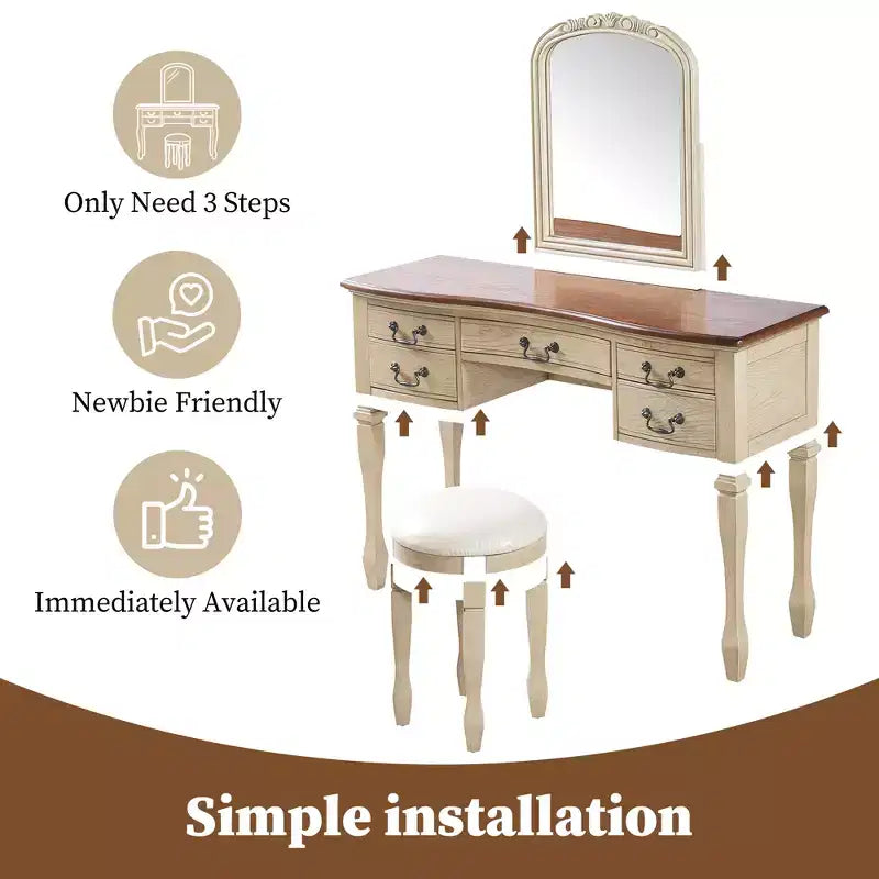46-Inch Vintage Makeup Vanity Desk with Mirror, 5 Drawers, Matching Stool for Bedroom, Walnut Finish, Space-Saving Design