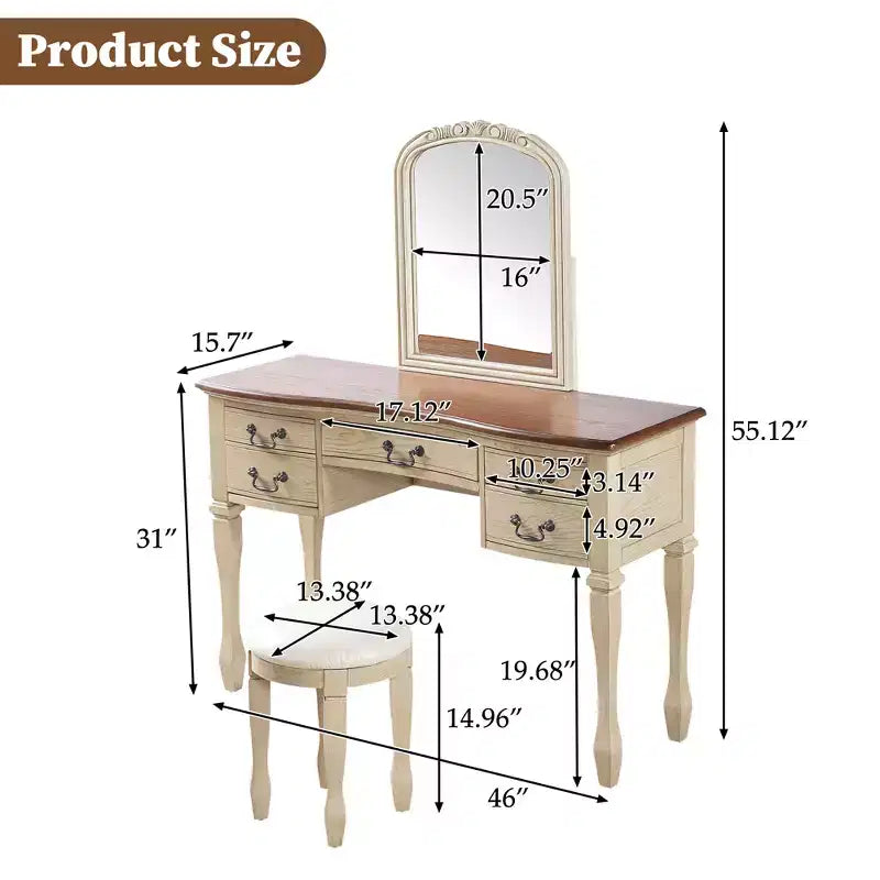 Vintage make-upkaptafel van 46 inch met spiegel, 5 laden en bijpassende kruk voor de slaapkamer, walnootafwerking, ruimtebesparend ontwerp