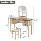 Vintage make-upkaptafel van 46 inch met spiegel, 5 laden en bijpassende kruk voor de slaapkamer, walnootafwerking, ruimtebesparend ontwerp