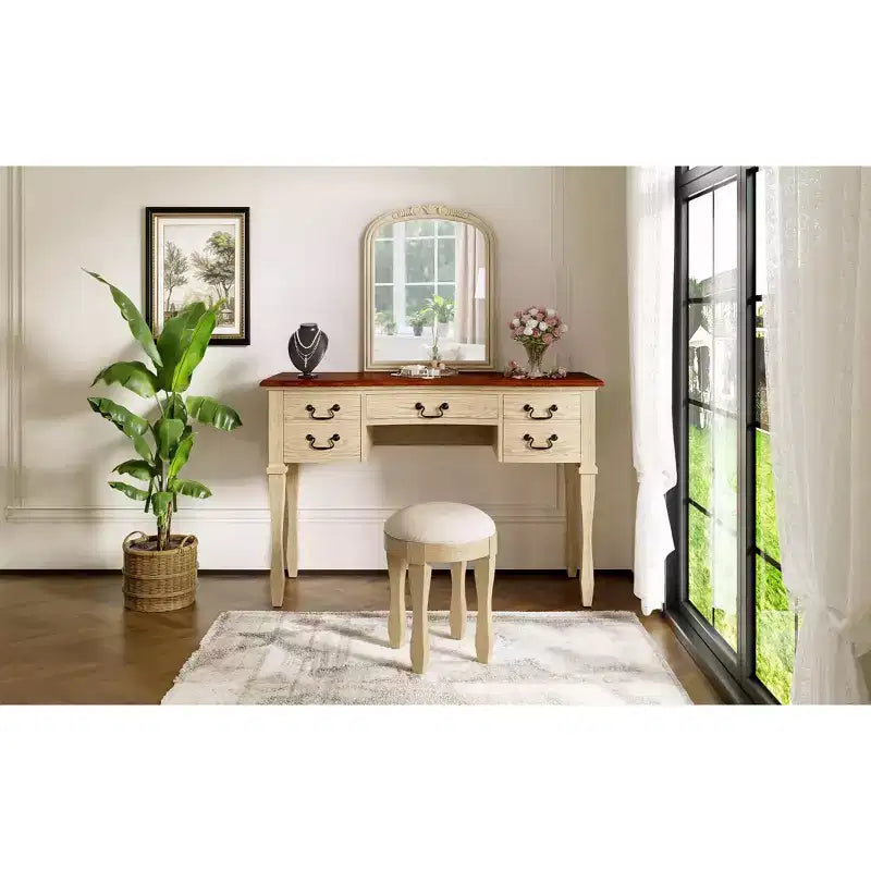 Vintage make-upkaptafel van 46 inch met spiegel, 5 laden en bijpassende kruk voor de slaapkamer, walnootafwerking, ruimtebesparend ontwerp