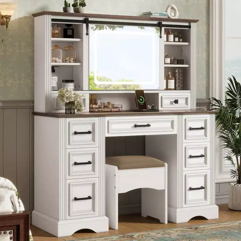 47.2-Inch Farmhouse Makeup Vanity Desk with Sliding LED Mirror, 9 Drawers, Charging Station, Storage Stool, and Open Shelves for Bedroom