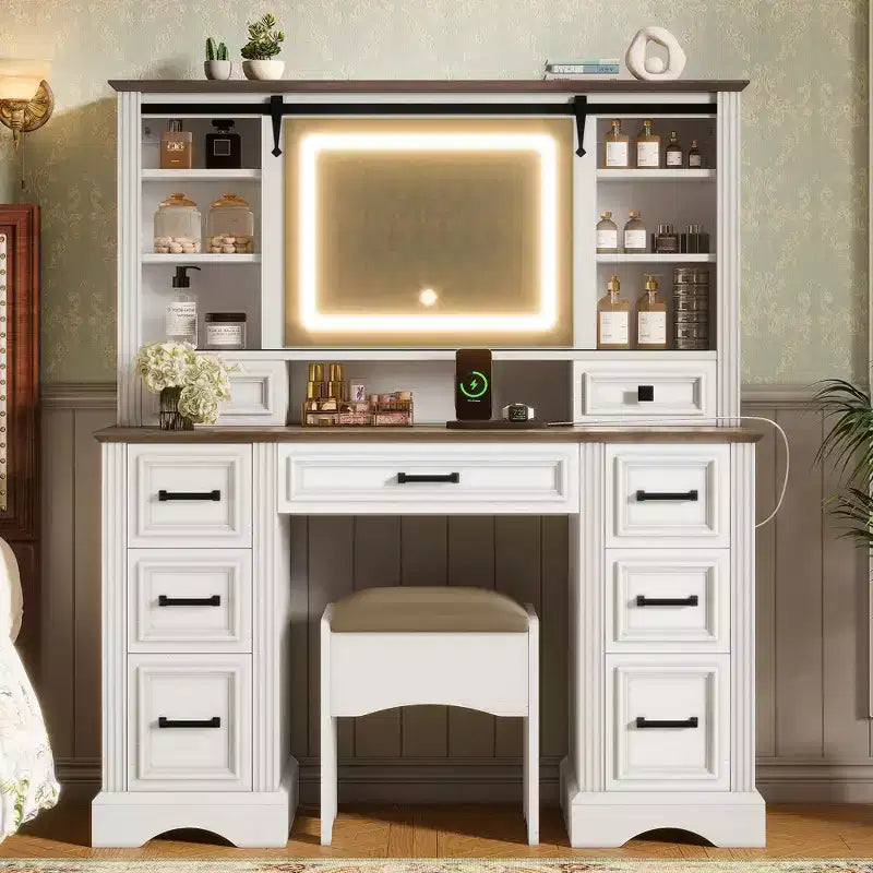 47.2-Inch Farmhouse Makeup Vanity Desk with Sliding LED Mirror, 9 Drawers, Charging Station, Storage Stool, and Open Shelves for Bedroom