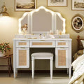 44.37-Inch Modern Vanity Desk with Tri-Fold Mirror and Lights, 5 Drawers and 2 Cabinets, Charging Station with Type-C and Open Shelves for Bedroom