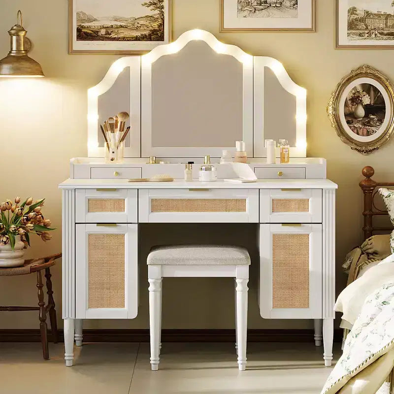 44.37-Inch Modern Vanity Desk with Tri-Fold Mirror and Lights, 5 Drawers and 2 Cabinets, Charging Station with Type-C and Open Shelves for Bedroom