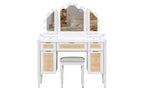44.37-inch moderne make-uptafel met driedelige spiegel en verlichting, 5 laden en 2 kasten, laadstation met Type-C en open planken voor slaapkamer