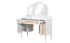 44.37-inch moderne make-uptafel met driedelige spiegel en verlichting, 5 laden en 2 kasten, laadstation met Type-C en open planken voor slaapkamer