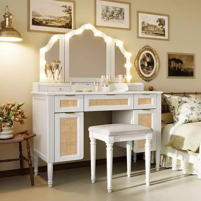 44.37-Inch Modern Vanity Desk with Tri-Fold Mirror and Lights, 5 Drawers and 2 Cabinets, Charging Station with Type-C and Open Shelves for Bedroom