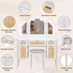 44.37-inch moderne make-uptafel met driedelige spiegel en verlichting, 5 laden en 2 kasten, laadstation met Type-C en open planken voor slaapkamer