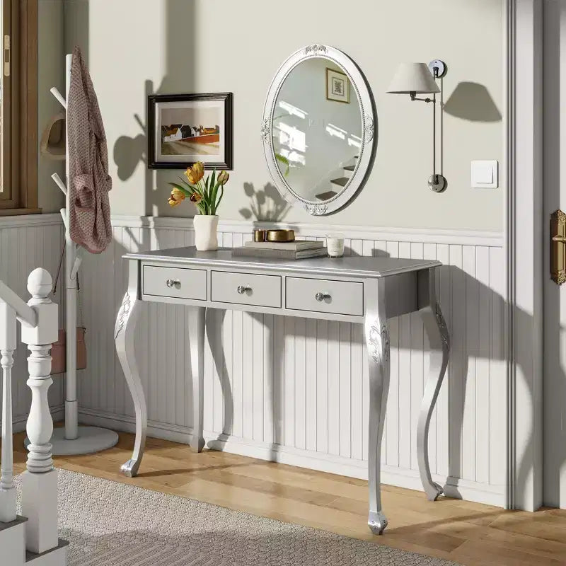 Vintage Makeup Vanity Desk with Oval Mirror, 3 Drawers for Bedroom or Entryway, Gold Finish, Space-Saving Design
