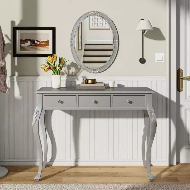 Tocador de maquillaje vintage con espejo ovalado, 3 cajones para dormitorio o recibidor, acabado dorado, diseño que ahorra espacio