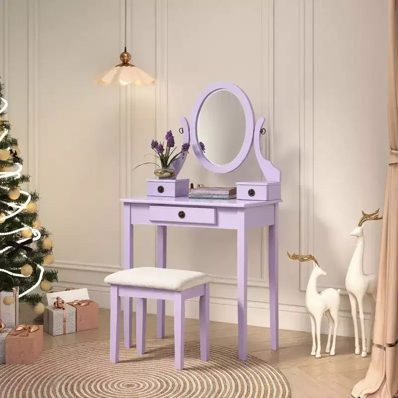 Contemporary Makeup Vanity Desk with Mirror, 3 Drawers, Matching Stool for Bedroom, Purple Finish, Space-Saving Design