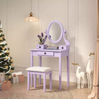 Contemporary Makeup Vanity Desk with Mirror, 3 Drawers, Matching Stool for Bedroom, Purple Finish, Space-Saving Design
