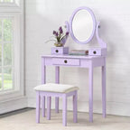 Contemporary Makeup Vanity Desk with Mirror, 3 Drawers, Matching Stool for Bedroom, Purple Finish, Space-Saving Design