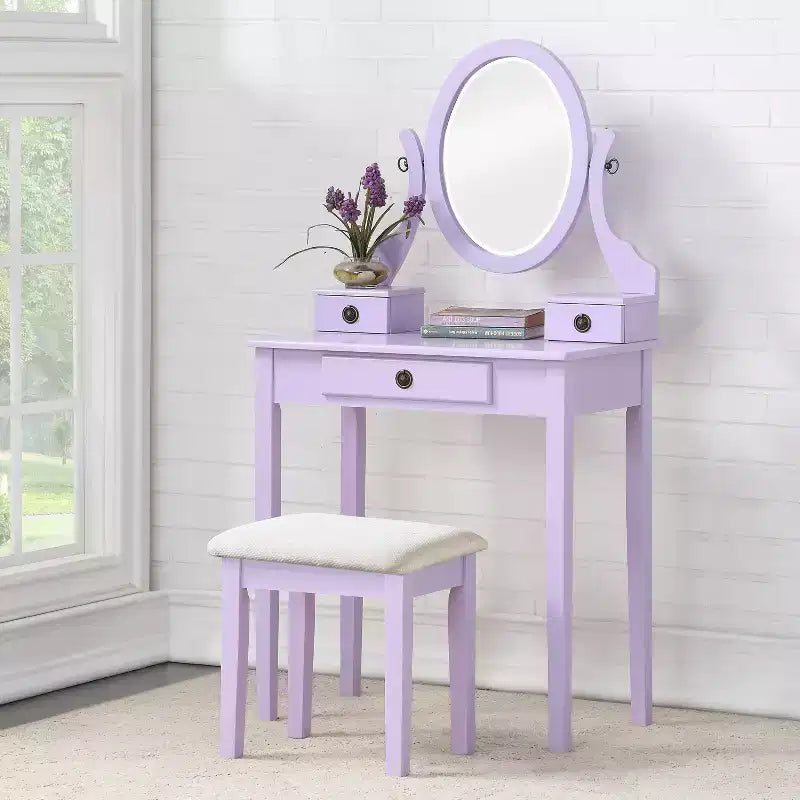 Contemporary Makeup Vanity Desk with Mirror, 3 Drawers, Matching Stool for Bedroom, Purple Finish, Space-Saving Design