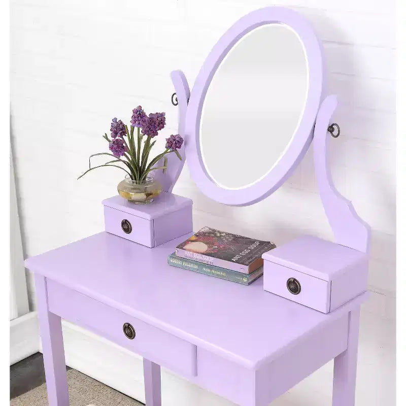 Contemporary Makeup Vanity Desk with Mirror, 3 Drawers, Matching Stool for Bedroom, Purple Finish, Space-Saving Design