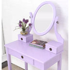 Contemporary Makeup Vanity Desk with Mirror, 3 Drawers, Matching Stool for Bedroom, Purple Finish, Space-Saving Design