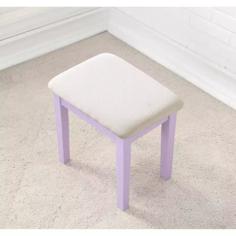 Contemporary Makeup Vanity Desk with Mirror, 3 Drawers, Matching Stool for Bedroom, Purple Finish, Space-Saving Design