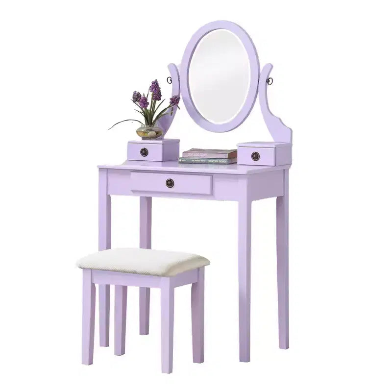 Contemporary Makeup Vanity Desk with Mirror, 3 Drawers, Matching Stool for Bedroom, Purple Finish, Space-Saving Design