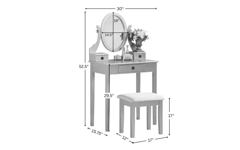 Contemporary Makeup Vanity Desk with Mirror, 3 Drawers, Matching Stool for Bedroom, Purple Finish, Space-Saving Design