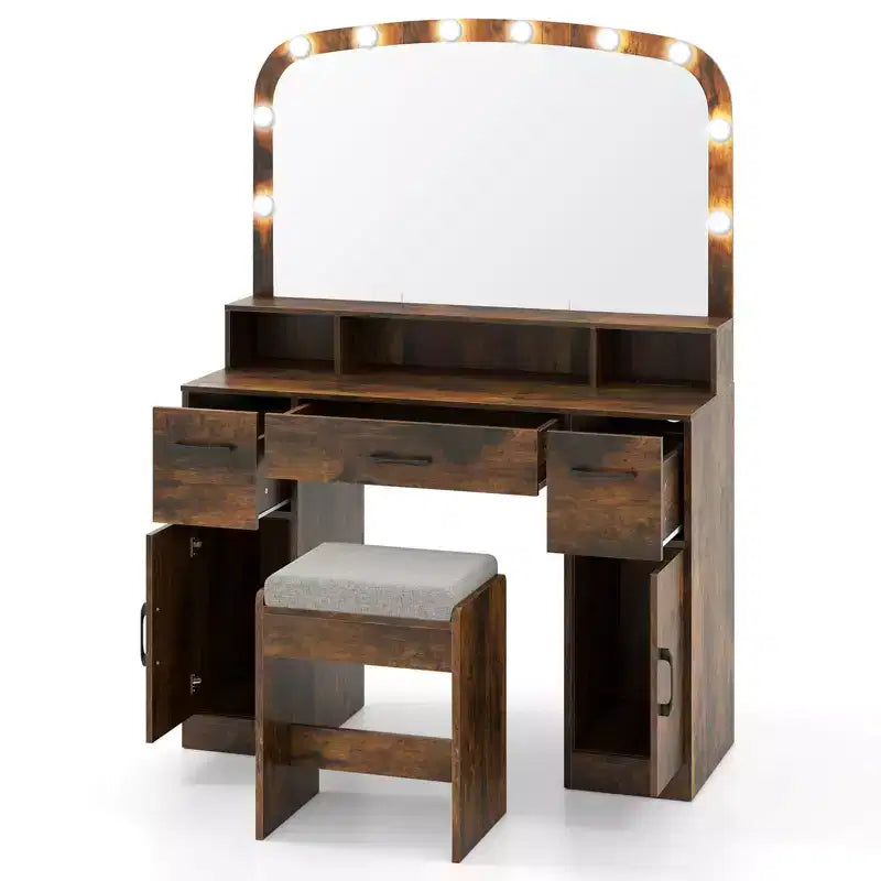 Costway kaptafel en make-uptafel met kruk, grote spiegel en verlichting in 3 kleuren voor de slaapkamer, bruin/wit