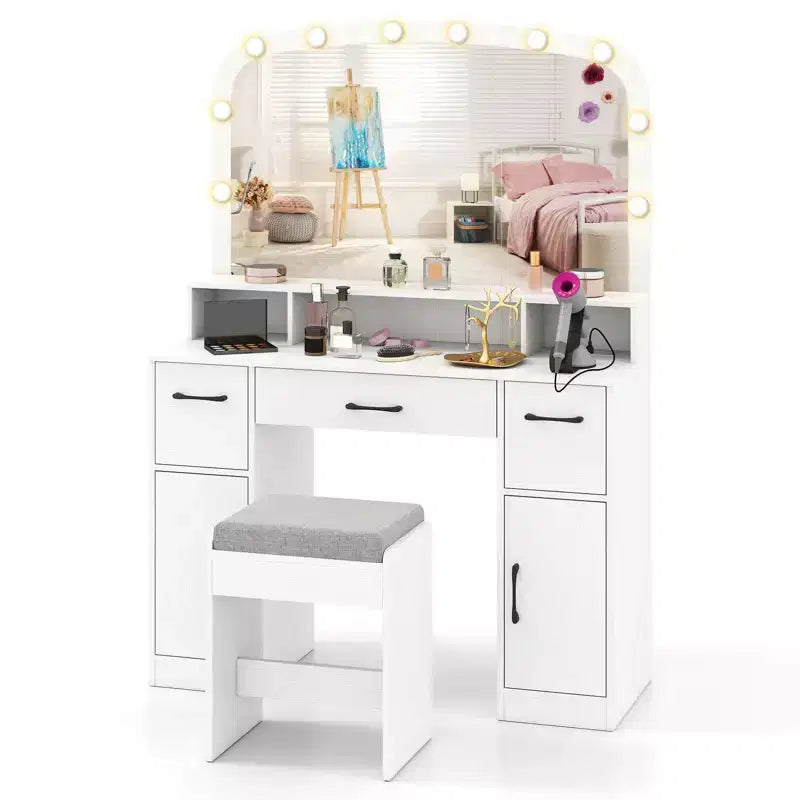 Costway kaptafel en make-uptafel met kruk, grote spiegel en verlichting in 3 kleuren voor de slaapkamer, bruin/wit