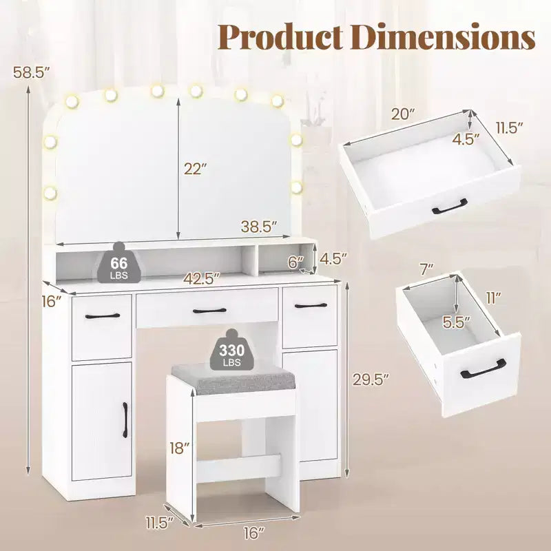 Costway kaptafel en make-uptafel met kruk, grote spiegel en verlichting in 3 kleuren voor de slaapkamer, bruin/wit