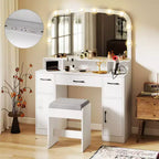 Costway kaptafel en make-uptafel met kruk, grote spiegel en verlichting in 3 kleuren voor de slaapkamer, bruin/wit