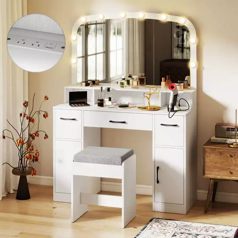 Costway kaptafel en make-uptafel met kruk, grote spiegel en verlichting in 3 kleuren voor de slaapkamer, bruin/wit