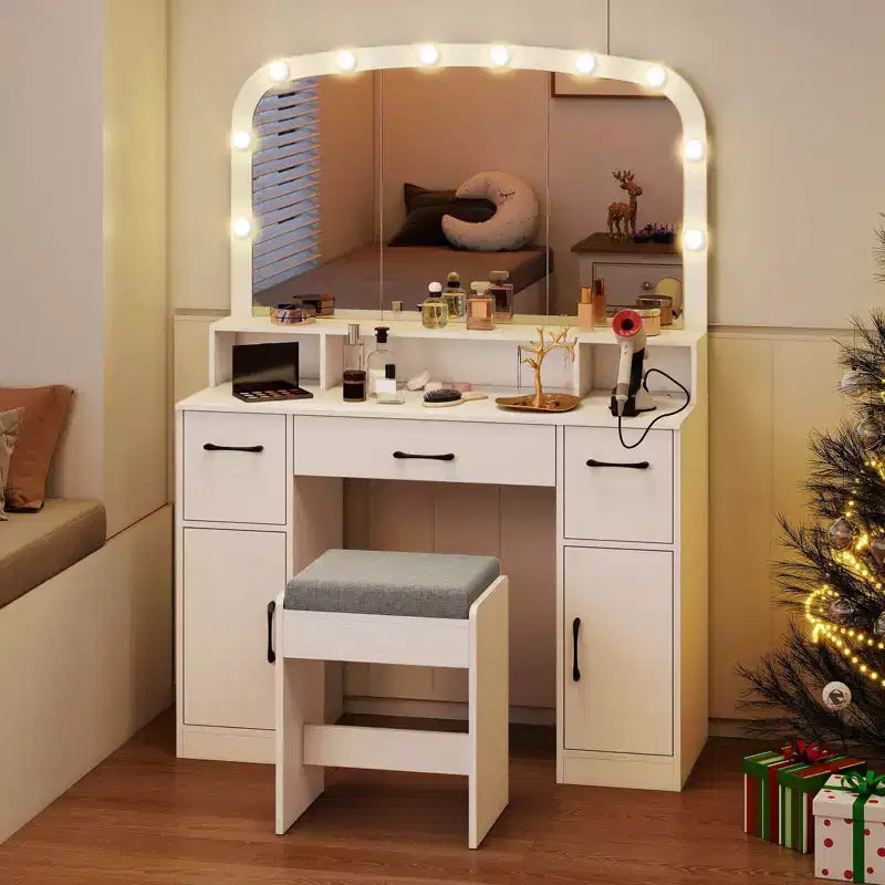 Costway kaptafel en make-uptafel met kruk, grote spiegel en verlichting in 3 kleuren voor de slaapkamer, bruin/wit
