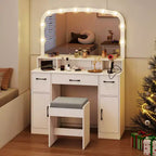 Costway kaptafel en make-uptafel met kruk, grote spiegel en verlichting in 3 kleuren voor de slaapkamer, bruin/wit