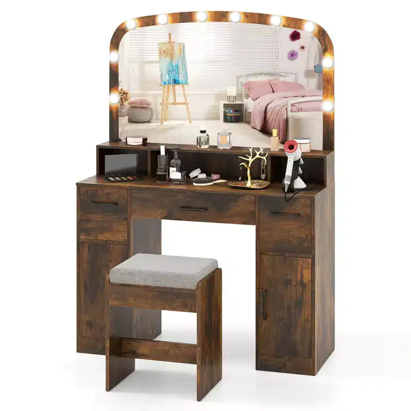 Costway kaptafel en make-uptafel met kruk, grote spiegel en verlichting in 3 kleuren voor de slaapkamer, bruin/wit