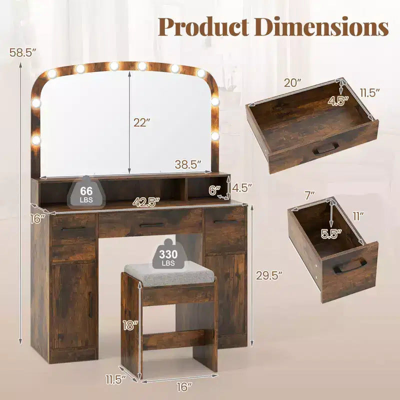Costway kaptafel en make-uptafel met kruk, grote spiegel en verlichting in 3 kleuren voor de slaapkamer, bruin/wit