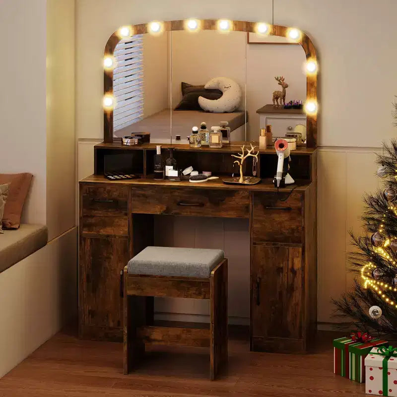 Costway kaptafel en make-uptafel met kruk, grote spiegel en verlichting in 3 kleuren voor de slaapkamer, bruin/wit