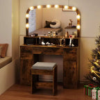Costway kaptafel en make-uptafel met kruk, grote spiegel en verlichting in 3 kleuren voor de slaapkamer, bruin/wit