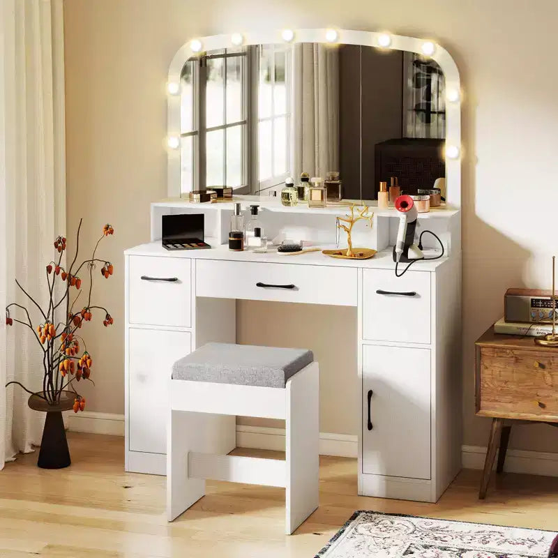 Tocador y mesa de maquillaje Costway con taburete, espejo grande y luces de 3 colores para dormitorio, marrón/blanco