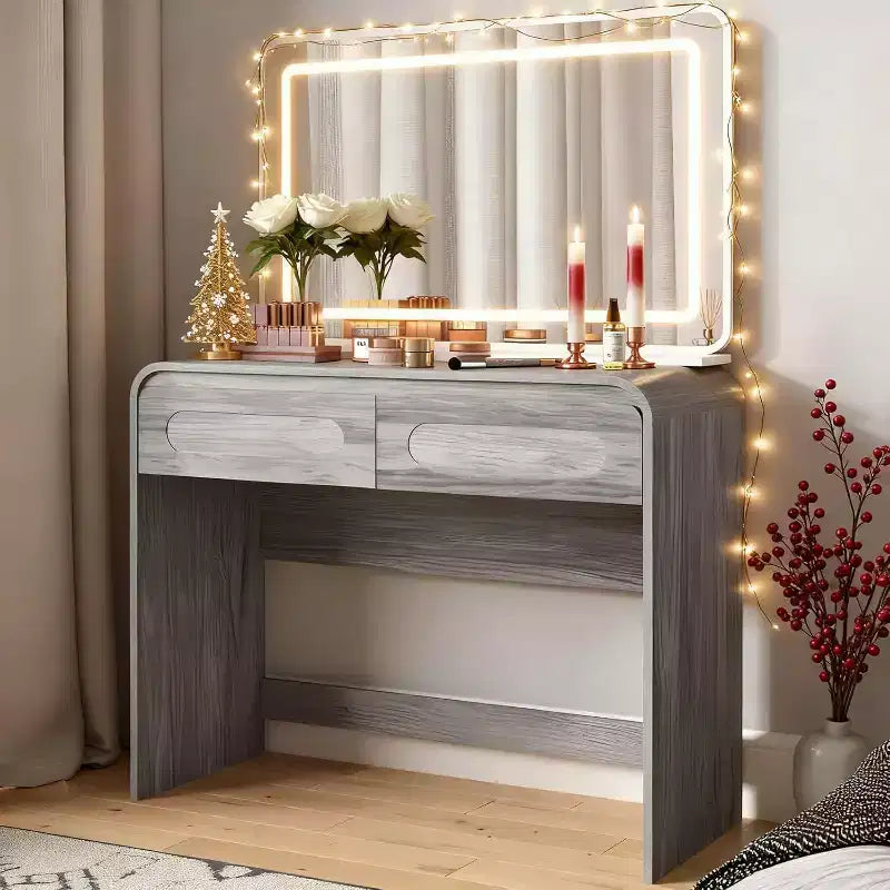 Escritorio de tocador de maquillaje con espejo grande de 37 y luces, escritorio de tocador con 2 cajones y espacio de almacenamiento en la superficie