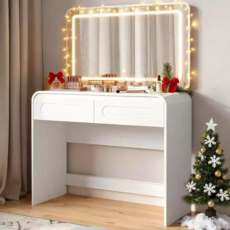 Escritorio de tocador de maquillaje con espejo grande de 37 y luces, escritorio de tocador con 2 cajones y espacio de almacenamiento en la superficie