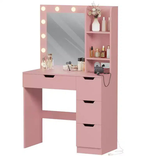 Acekool Pink Vanity Desk with Mirror, 4 Drawers & Built-in Power Hub for Bedroom