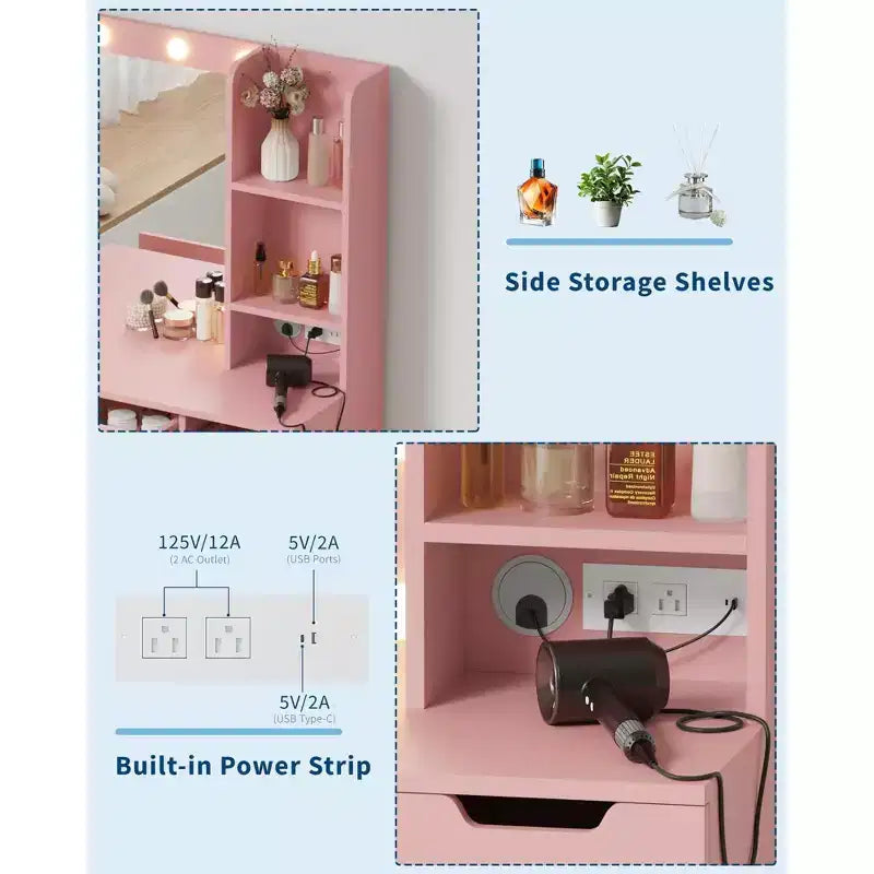 Acekool roze make-uptafel met spiegel, 4 laden en ingebouwde stekkerdoos voor slaapkamer
