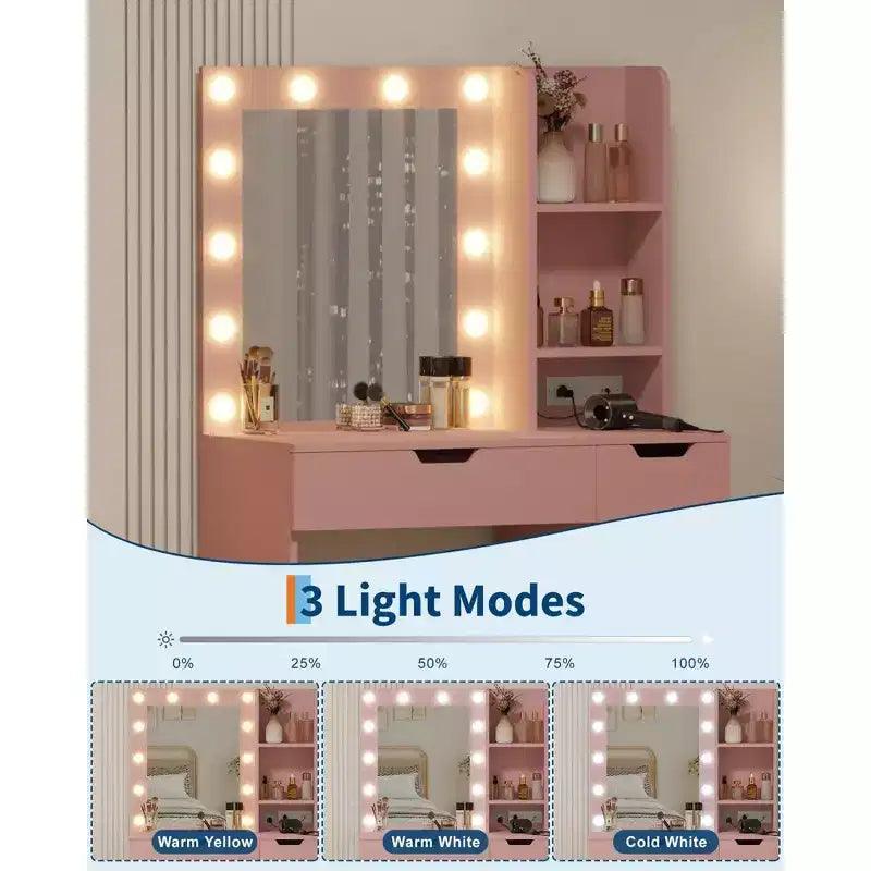 Acekool roze make-uptafel met spiegel, 4 laden en ingebouwde stekkerdoos voor slaapkamer