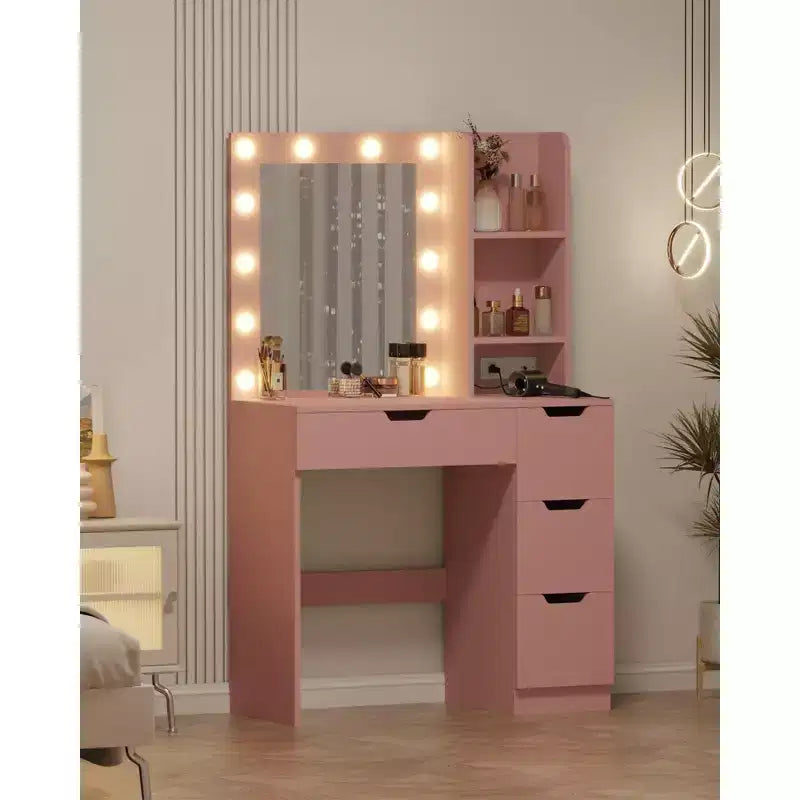 Acekool roze make-uptafel met spiegel, 4 laden en ingebouwde stekkerdoos voor slaapkamer