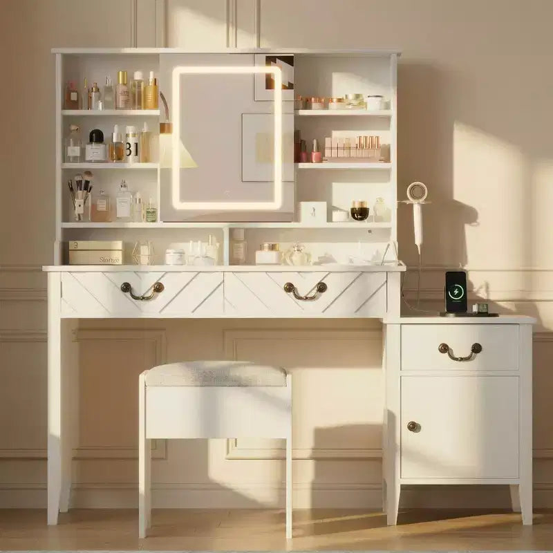 Garvee Vanity Desk with Sliding Mirror & Lights, White Vanity with Stool, Retractable and with Charging Station, Hair Dryer Rack, Drawers & Cabinet