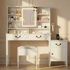 Garvee Vanity Desk with Sliding Mirror & Lights, White Vanity with Stool, Retractable and with Charging Station, Hair Dryer Rack, Drawers & Cabinet